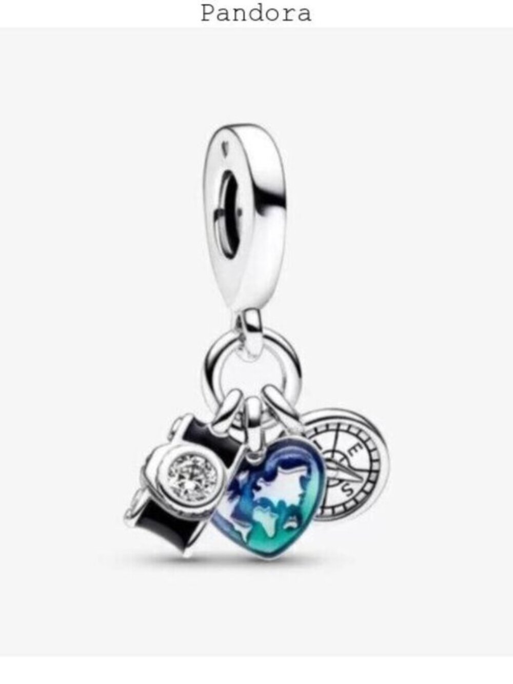 Pandora Camera, Heart & Compass Triple Dangle Charm